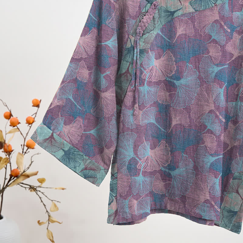 Ensemble pyjama Ownkoti style chinois à feuilles de ginkgo - image 9