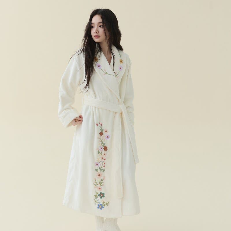 Peignoir long à broderies florales et col châle - Beige - XL - image 0