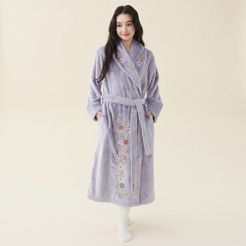 Peignoir long à broderies florales et col châle - Violet - XL - image 7