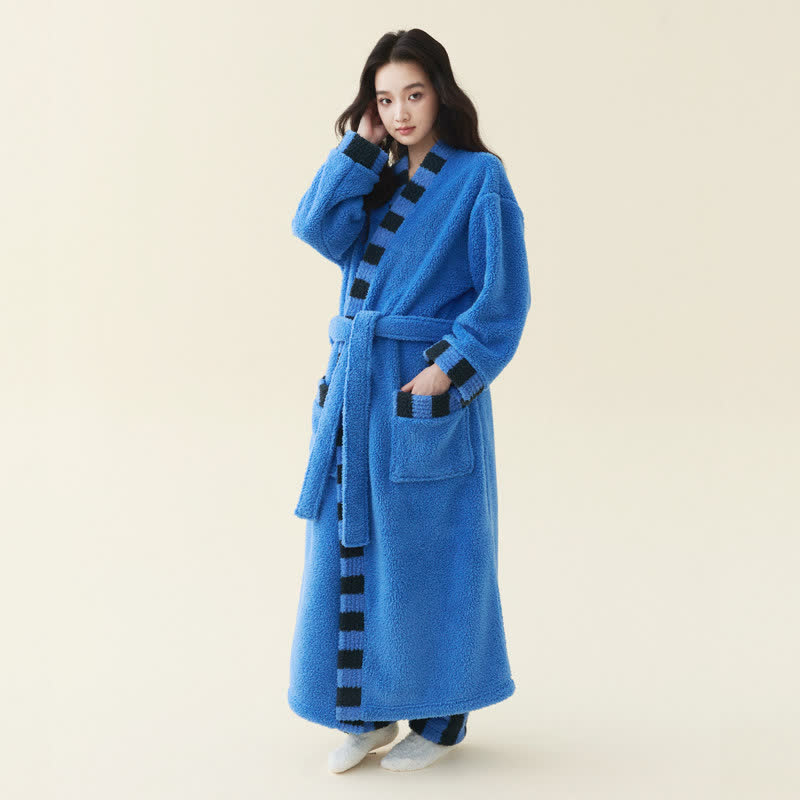 Peignoir en polaire douce avec bordure contrastée. - Bleu - Peignoir avec pantalon - Taille XL femme - image 4