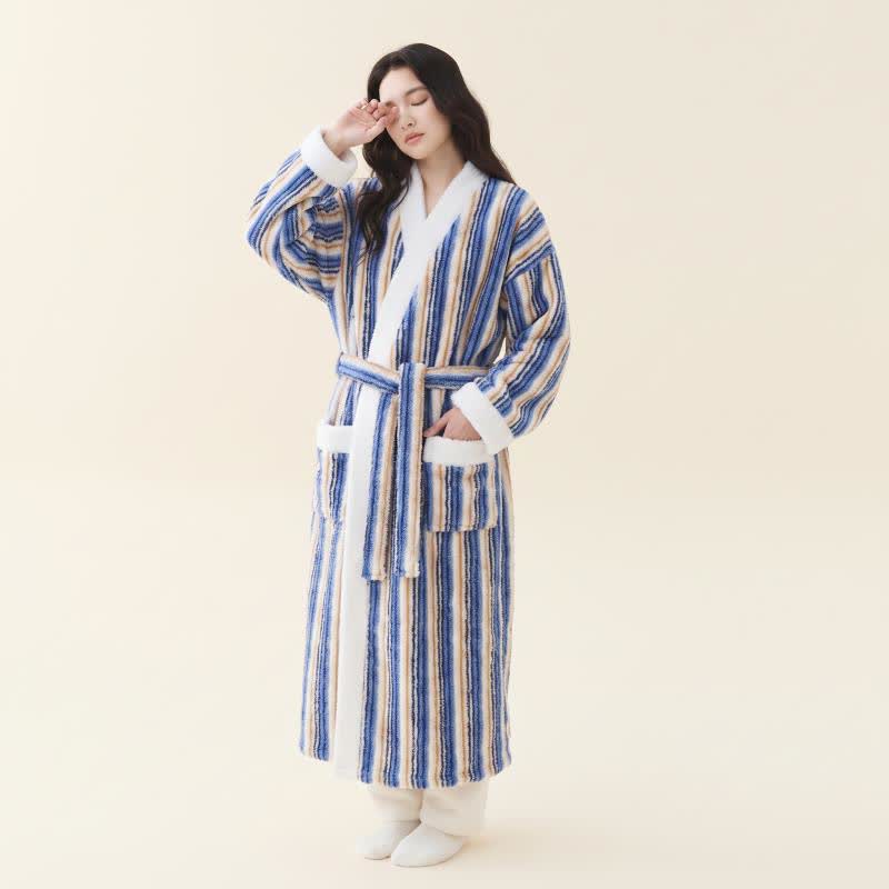 Peignoir kimono long en polaire rayée - bleu marine - Taille XL femme - image 7