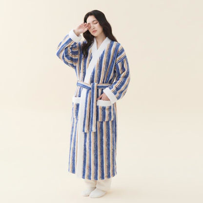 Peignoir kimono long en polaire rayée - bleu marine - Taille XL femme - image 7