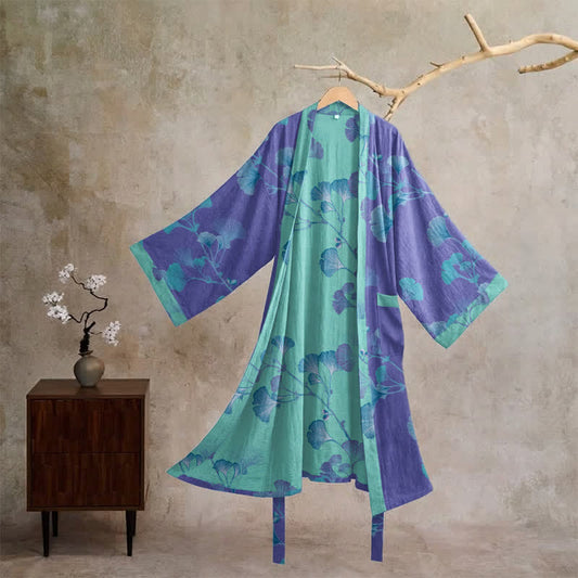 Kimono en coton à feuilles de ginkgo Ownkoti Boho - Violet - XL - image 0