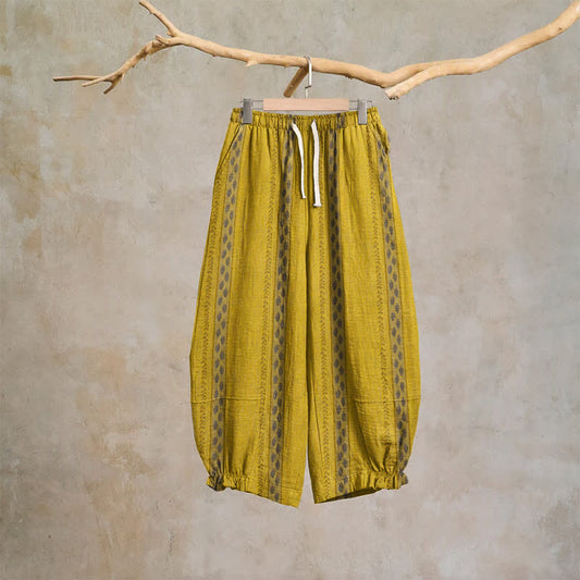 Pantalon harem ethnique en coton à rayures jaunes Ownkoti - Jaune - XL - image 0