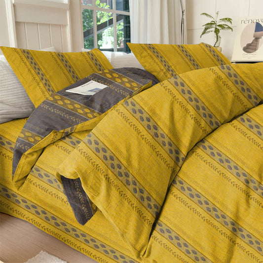 Parure de lit réversible Ownkoti à rayures en coton et motif feuilles - Jaune - Ensemble de literie (4 pièces) - Roi - image 0