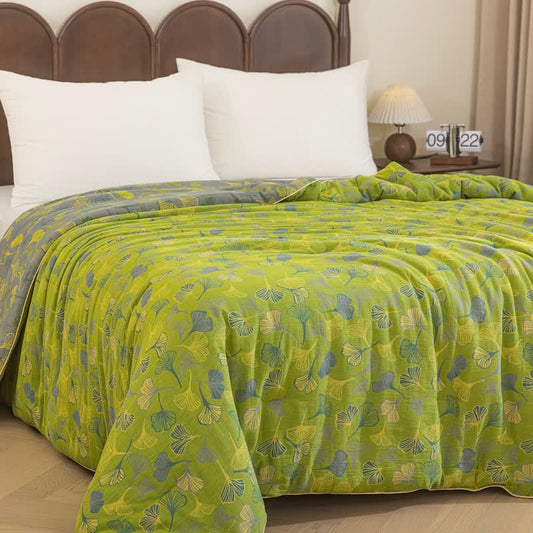 Couette en gaze de coton à feuilles de ginkgo vertes Ownkoti - Vert - courtepointe d'été - Roi - image 0