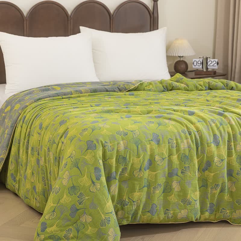 Couette en gaze de coton à feuilles de ginkgo vertes Ownkoti - Vert - Couverture de printemps et d'automne - Roi - image 7