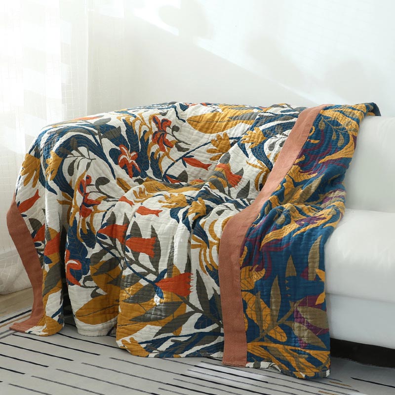 Couverture de canapé réversible en coton avec motif de fleur de verge d'or