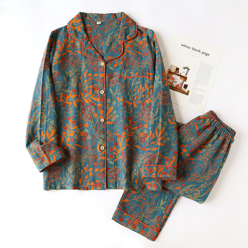 Ensemble de vêtements d'intérieur vintage en coton à motif de feuilles et revers - Bleu et orange - XL - image 12