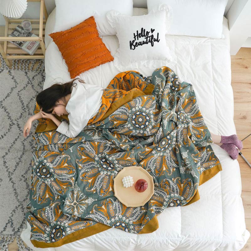 Ownkoti – Couette double face en coton à motif floral cyan foncé