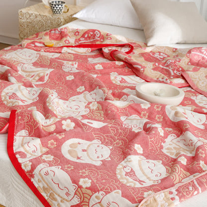 Couverture réversible respirante en gaze de coton avec motif chat