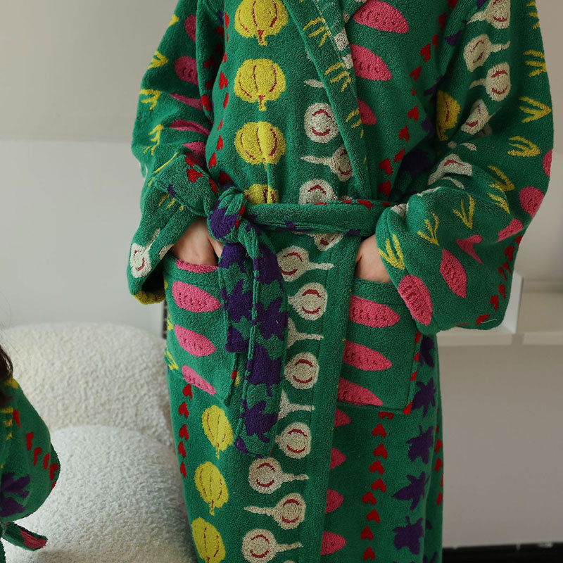 Peignoir en coton avec capuche et motif végétal coloré