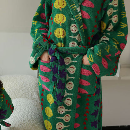 Peignoir en coton avec capuche et motif végétal coloré
