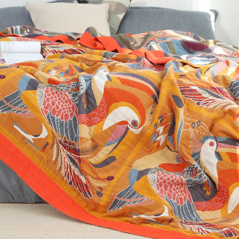 Couverture réversible en coton doux avec motif d'oiseau toucan