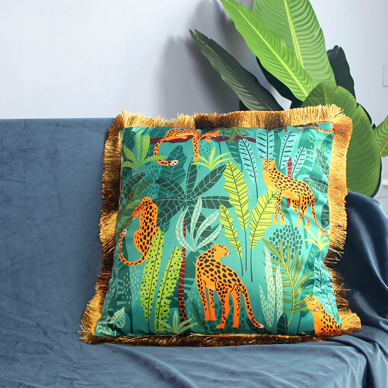 Housse de coussin de canapé à motif animalier et pompon
