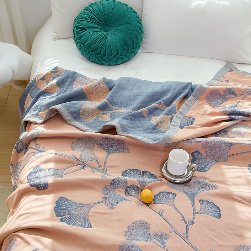 Couette réversible en gaze de coton avec feuilles de ginkgo