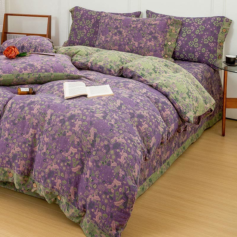 Parure de lit en coton violet à fleurs bohèmes (4 pièces)
