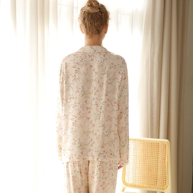 Ownkoti – Vêtements d'intérieur en satin à manches longues et col en V à fleurs