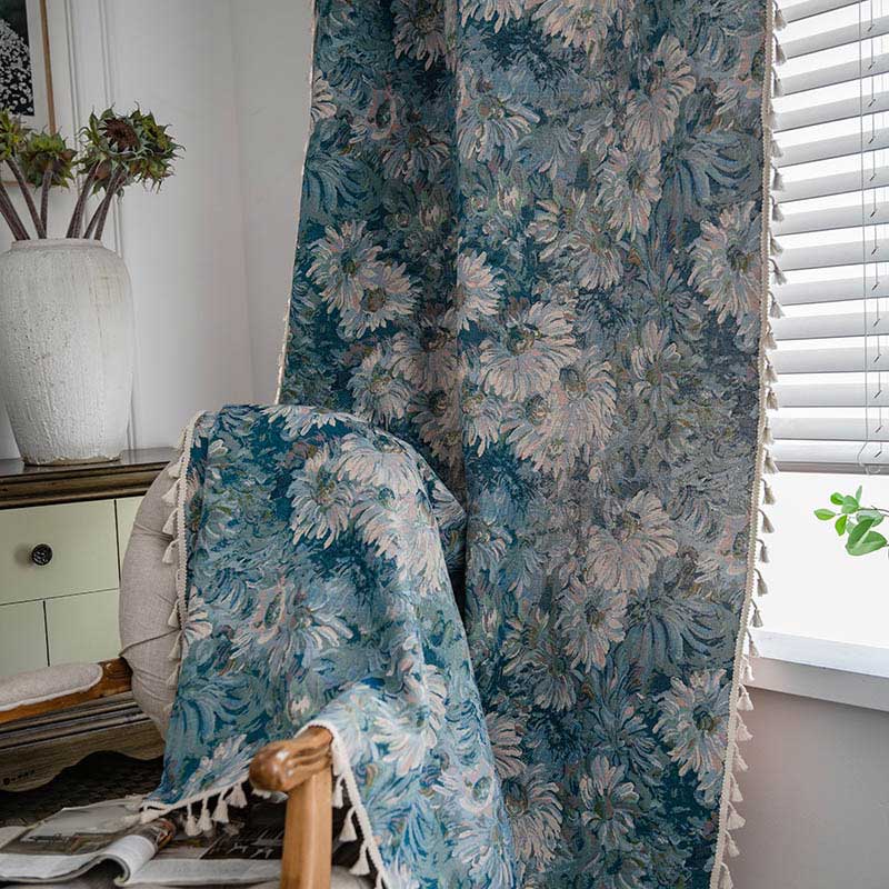 Rideau à pompons de style peinture à l'huile florale