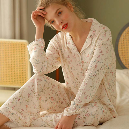 Ownkoti – Vêtements d'intérieur en satin à manches longues et col en V à fleurs