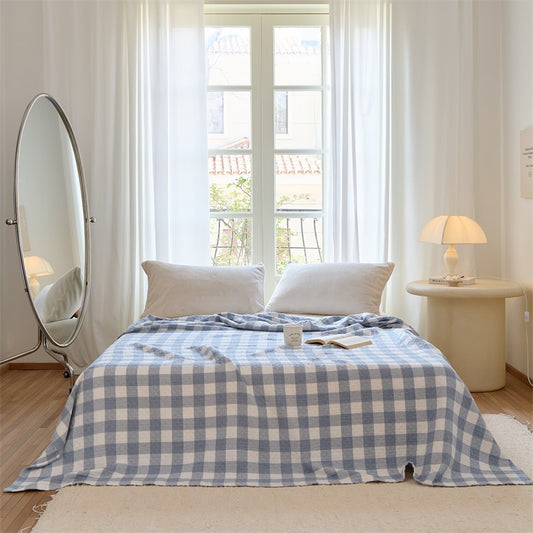 Couette en gaze de coton à carreaux classiques Ownkoti - Bleu - Reine - image 0