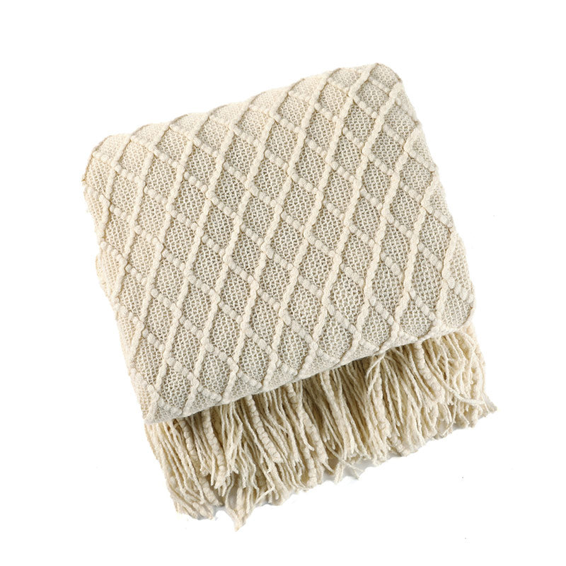 Ownkoti – Couverture tricotée avec motif prisme et pompons