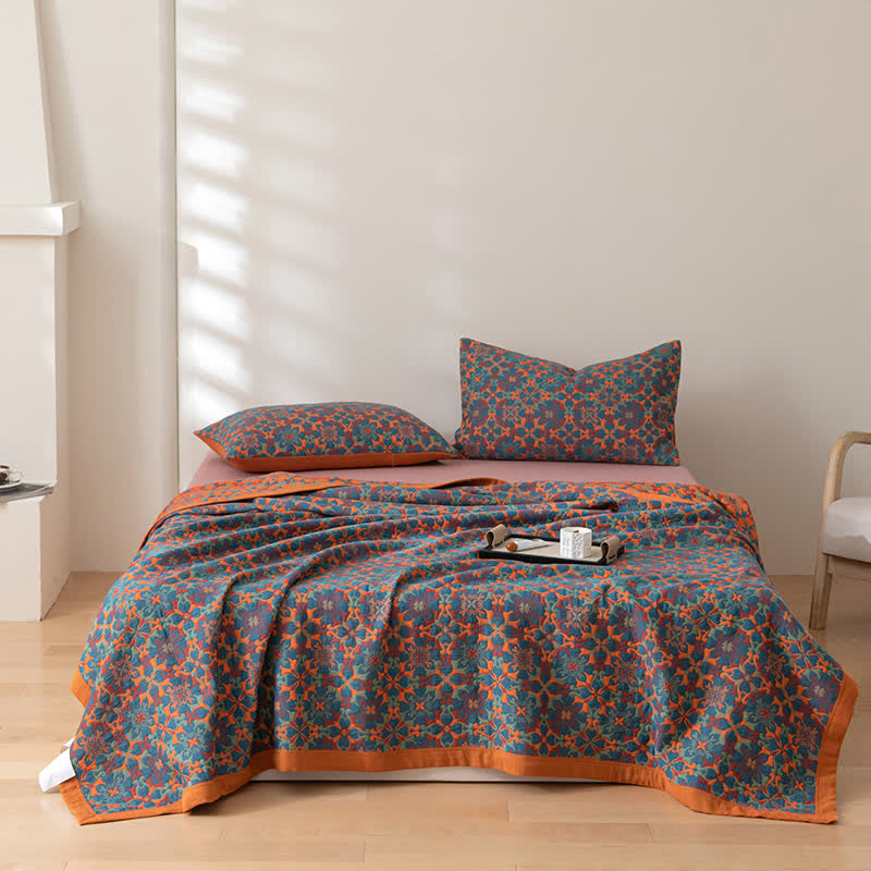 Couette en coton à six couches avec motif orange et bleu
