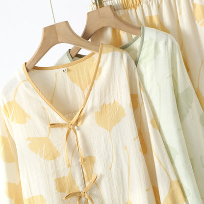 Ensemble de vêtements d'intérieur en coton avec nœud en feuille de ginkgo