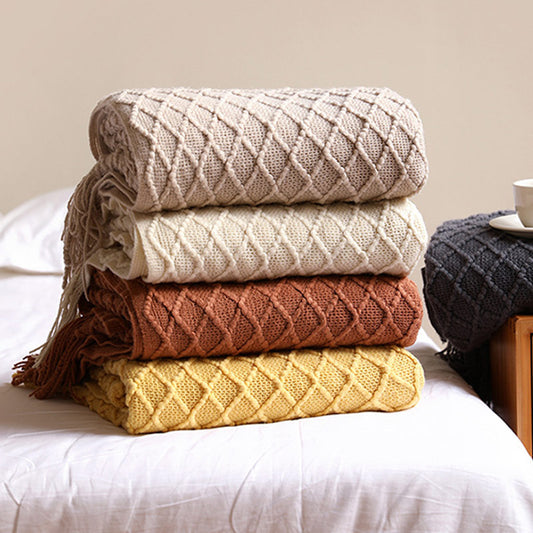 Ownkoti – Couverture tricotée avec motif prisme et pompons