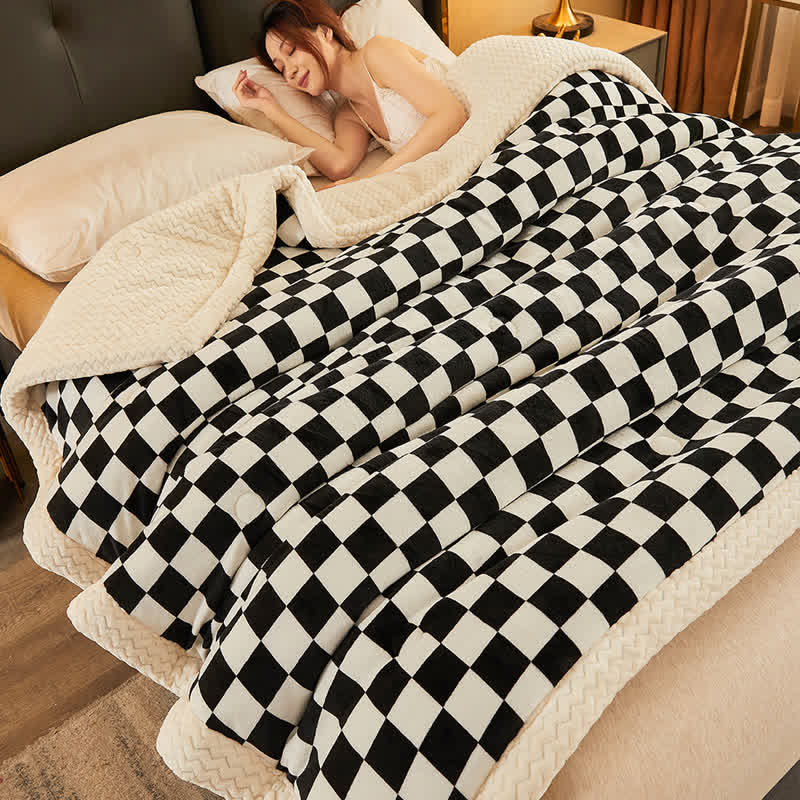 Couverture chaude en velours double face à motif damier