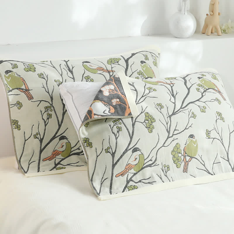 Serviette oreiller oiseau aubépine en gaze de coton (2 pièces)