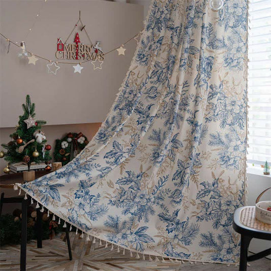Rideau filtrant la lumière Ownkoti avec motif en bois de pin et fleurs bleues