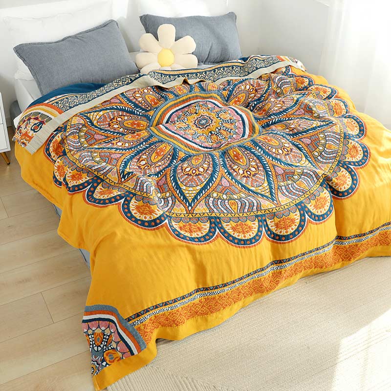 Couette d'été réversible bohème Ownkoti à fleurs jaunes