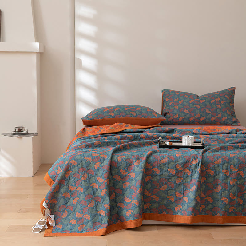 Couette réversible en coton avec motif pastoral de feuilles de ginkgo