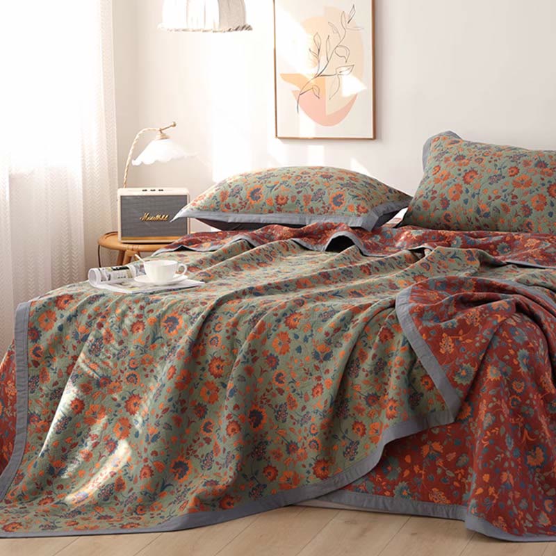 Couette réversible en pur coton avec motif floral rétro