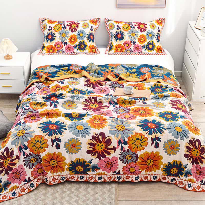 Couverture réversible en coton matelassé à fleurs aux couleurs vives - Couette avec 2 taies d'oreiller - 200 cm x 230 cm - image 1