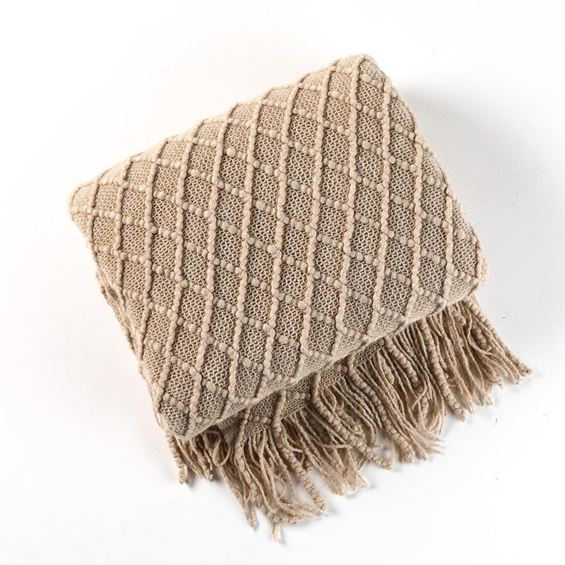 Ownkoti – Couverture tricotée avec motif prisme et pompons