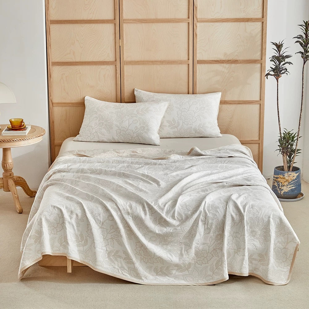 Ensemble de literie Ownkoti Elegant en coton jacquard pivoine - Beige - Couette avec 2 taies d'oreiller - Roi - image 0