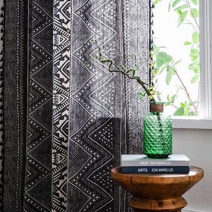 Rideaux bohèmes Ownkoti à motifs géométriques, en coton, avec pompons, noir