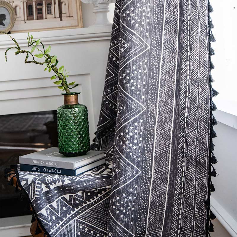 Rideaux bohèmes Ownkoti à motifs géométriques, en coton, avec pompons, noir