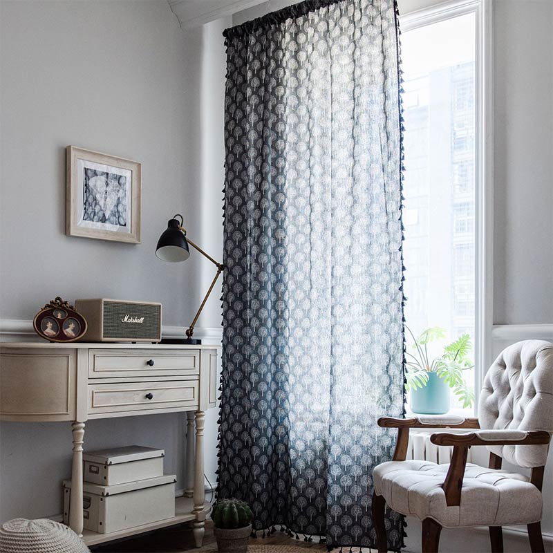 Rideau en coton et lin de style campagnard avec motif d'arbre