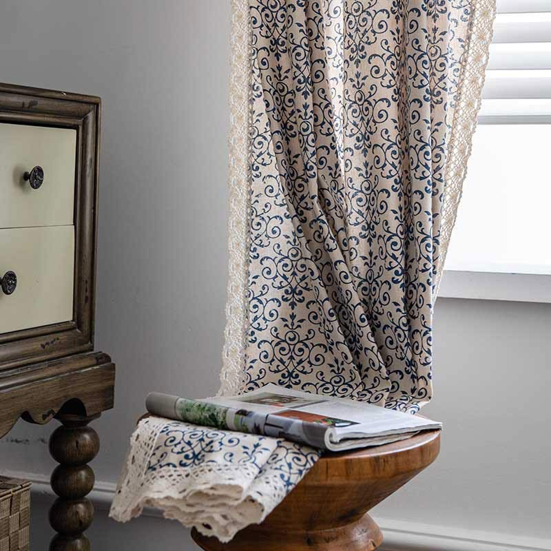 Rideau Boho Ownkoti à motif bleu, semi-occultant