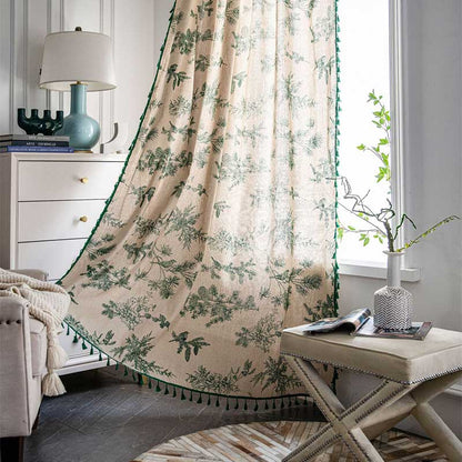 Rideau vert à pompons et motif oiseaux