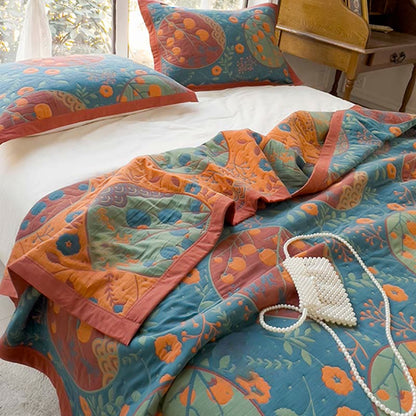 Couette double face en coton avec motif de fleurs de kaki