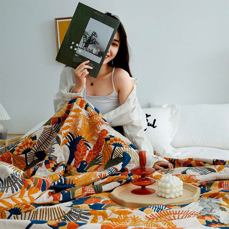 Ownkoti Couverture douce en coton réversible avec oiseaux et fleurs