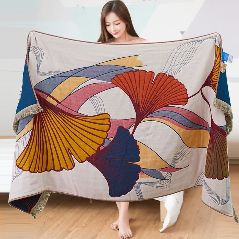 Serviette de bain en gaze de coton avec pompon en feuille de ginkgo
