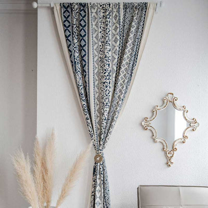 Rideau en coton et lin à motifs bleus