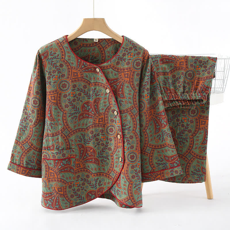 Ensemble de vêtements d'intérieur à col rond avec motif jacquard vintage - Vert et orange - XL - image 1