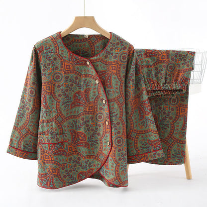 Ensemble de vêtements d'intérieur à col rond avec motif jacquard vintage - Vert et orange - XL - image 1
