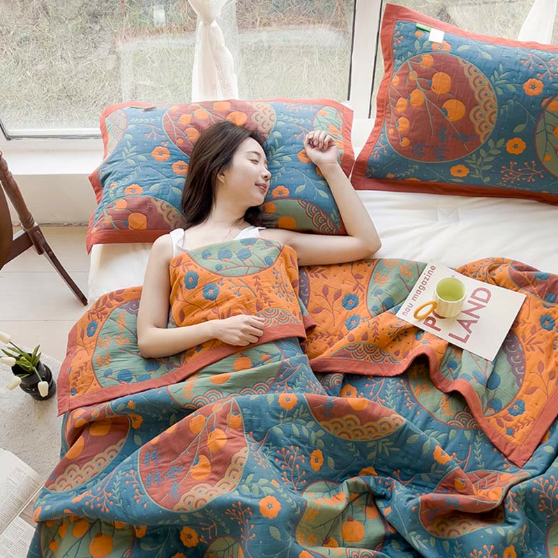 Couette double face en coton avec motif de fleurs de kaki